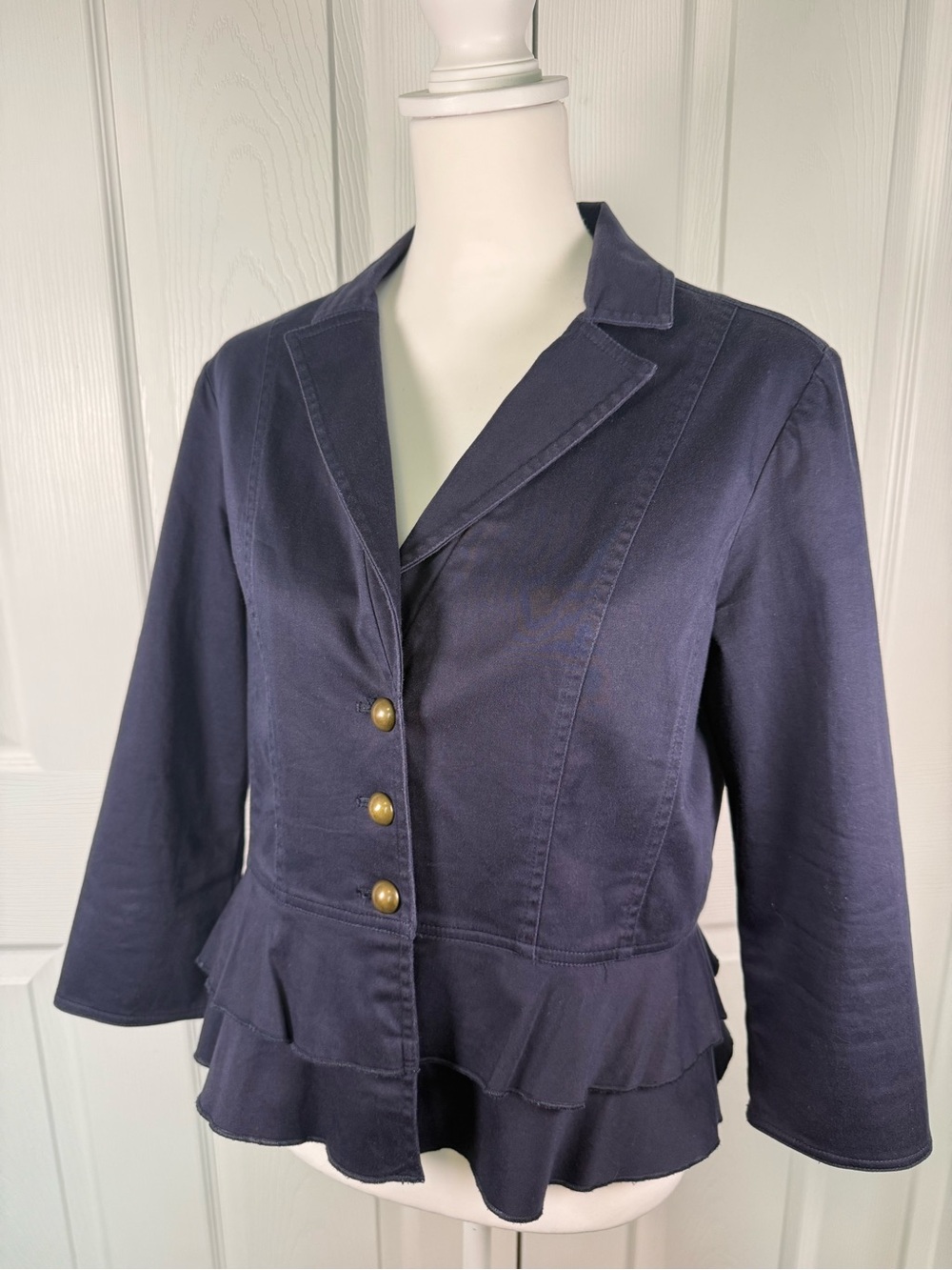 Ruby Rd Blazer Size 8 Navy Blue Ruffle Hem Brass Buttons Y2K Boho Cottagecore